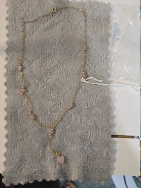 Hand Crafted Gold Necklace with Pink Beads and Heart Charm